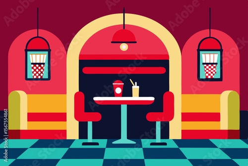 A Retro Diner Interior With Red Booths And Checkered Flooring