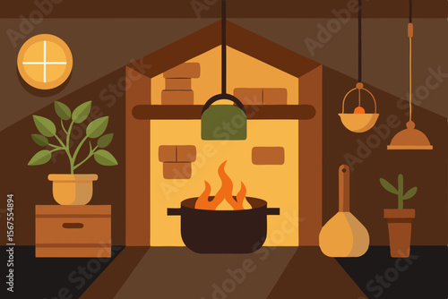 A Rustic Cabin Kitchen With Hanging Herbs And Stone Countertops