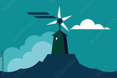 Windmill Spinning Cliffside During Storm