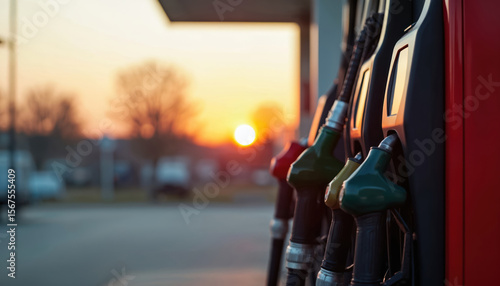 Wallpaper Mural Close-up of gas station fuel pumps at sunset. Orange sun glow reflects on chrome nozzles. Colorful pumps offer gasoline for vehicles on road trip. Outdoor retail energy refueling. Torontodigital.ca