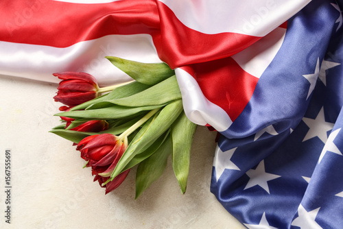 Tulip flowers and flag of U...