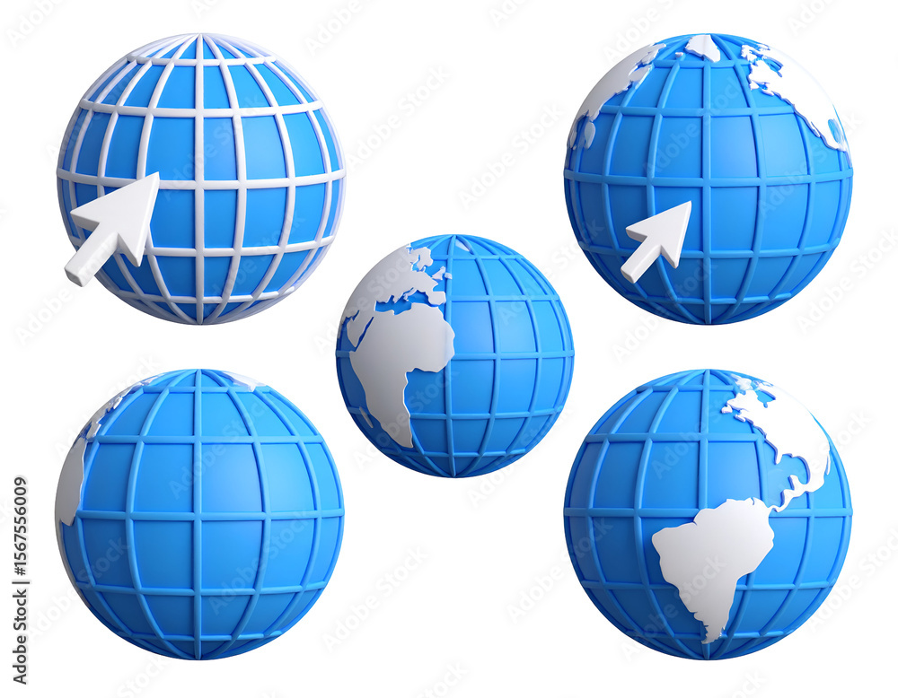 Six stylized blue globes, gridded, with a cursor pointing toward the globe, 3D render Six stylized blue globes, gridded, with a cursor pointing toward the globe, 3D render