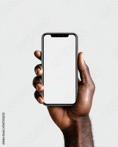 Dark-skinned hand holds a smartphone with blank screen
