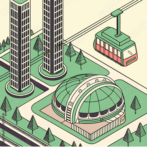 Isometric cityscape featuring tall buildings dome structure and aerial tramway in a stylized design