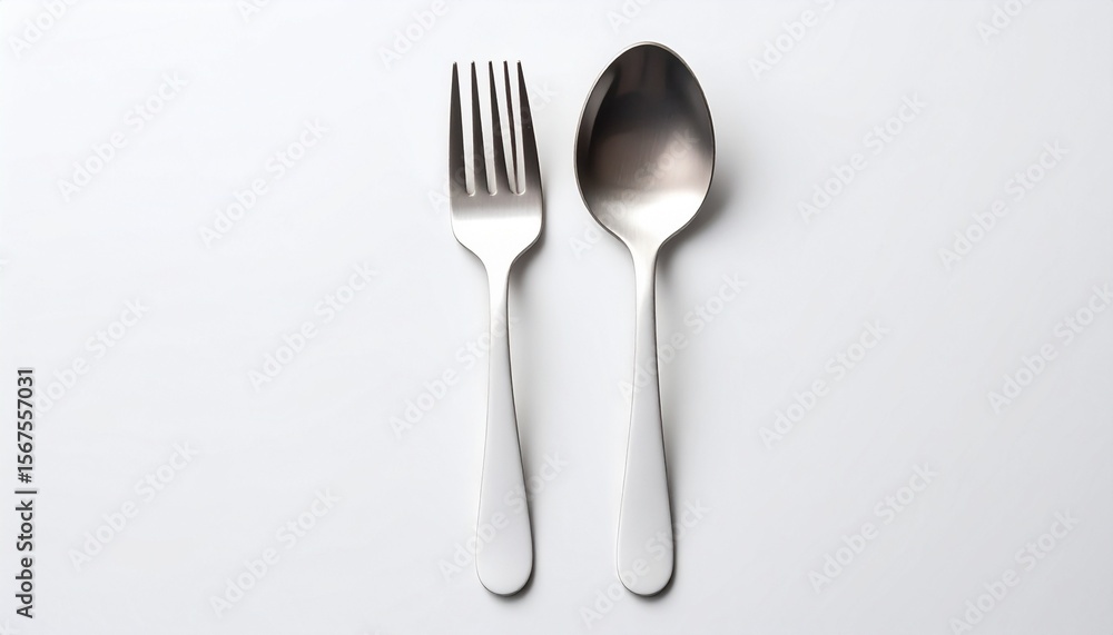Silver fork and spoon placed neatly on a white surface creating a minimalist aesthetic Silver fork and spoon placed neatly on a white surface creating a minimalist aesthetic