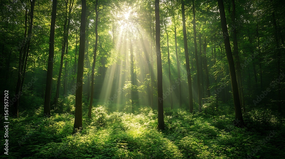 Obraz premium Calm woodland sanctuary illuminated by morning sunlight rays high resolution picture