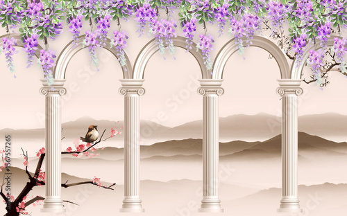 A lone street lamp illuminates a wind turbine in a city park, where vibrant pink and purple flowers bloom amidst the green summer foliage