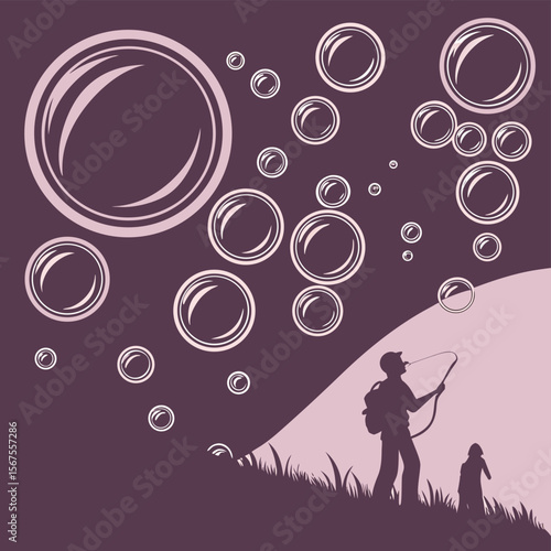 Silhouette of people blowing bubbles on a hill with grass against a purple background with bubbles 100 chars