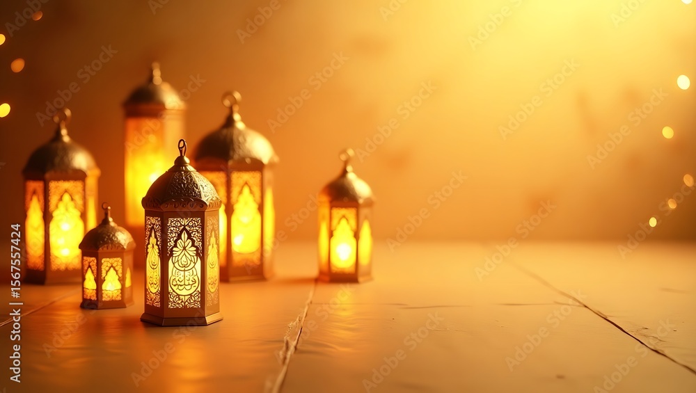 Fototapeta premium Traditional Glowing Islamic Lanterns with Rose Petals and Warm Bokeh Lights