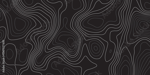 A minimalist, abstract background featuring a topographical map pattern. Thin, flowing contour lines in shades of light grey and white undulate across a dark, solid grey or black canvas.