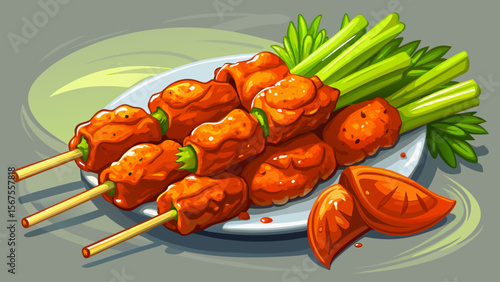 Bold and spicy Buffalo Chicken Skewers, brushed with tangy sauce, glisten with orange shine, stacked beside celery sticks and ranch drizzle.