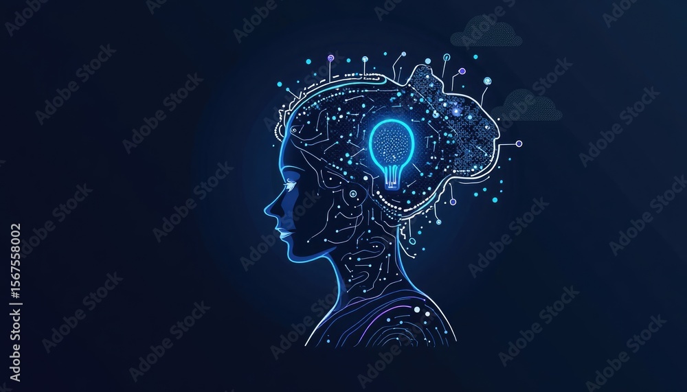Digital illustration of a person's head with a glowing lightbulb. Digital illustration of a person's head with a glowing lightbulb.