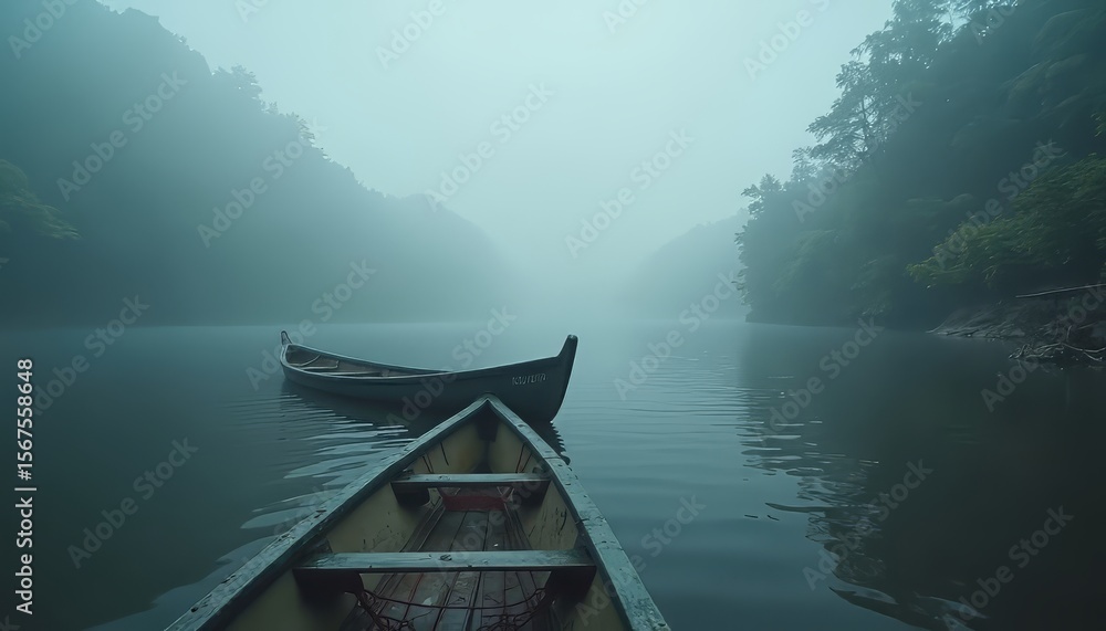 Obraz premium Canoe on Misty Lake Scene