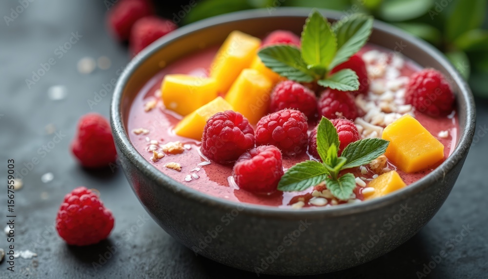 Vibrant smoothie bowl features fresh mango, raspberries, mint atop creamy base. Garnished with coconut, crunchy seeds, visually appealing meal offers healthy, delicious breakfast brunch option. Vibrant smoothie bowl features fresh mango, raspberries, mint atop creamy base. Garnished with coconut, crunchy seeds, visually appealing meal offers healthy, delicious breakfast brunch option.