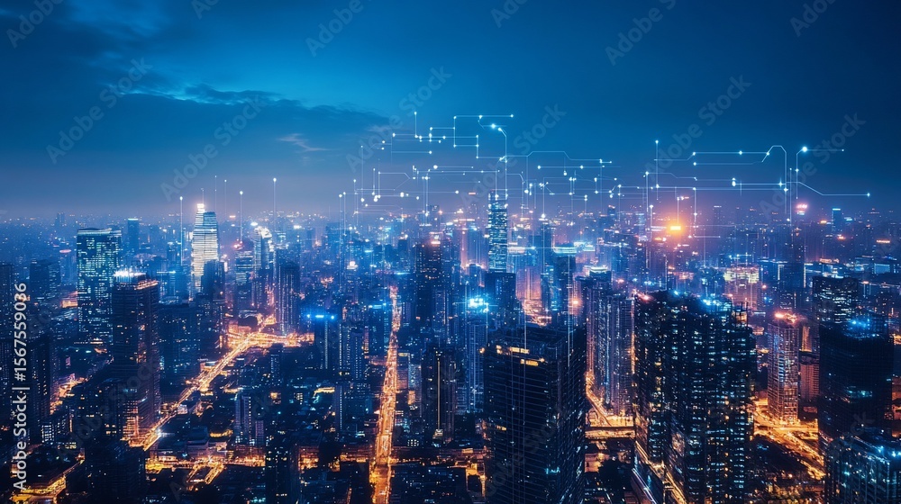 Obraz premium Connected urban landscape under twilight, reflecting modern technology