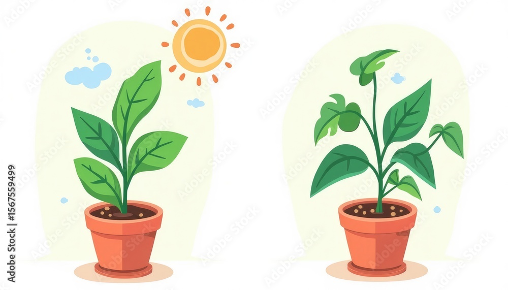 Fototapeta premium Two potted plants, one thriving, the other growing.