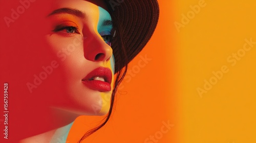 Beautiful woman wearing a hat, with bright makeup, against an orange and blue gradient background. Photorealistic portrait. Commercial photography with vibrant colors and a bold fashion style. 