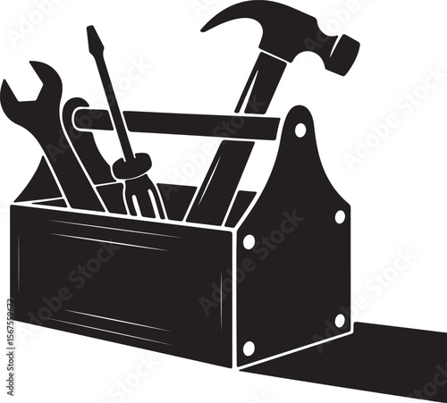 A vector silhouette icon set of construction tools and equipment like a hammer, saw, screwdriver, drill, and wrench