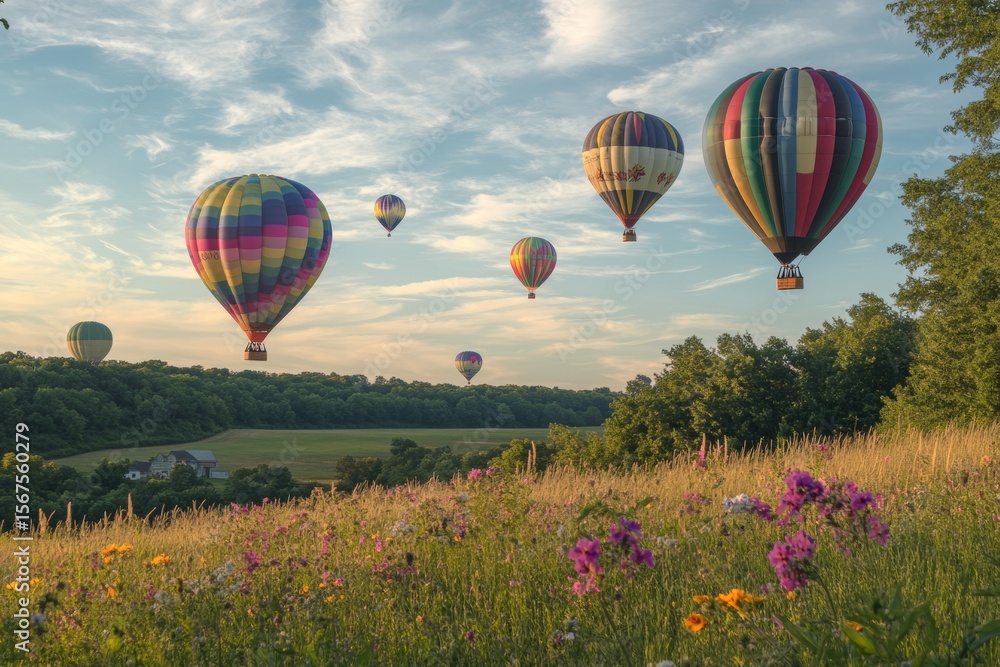 Fototapeta premium Colorful hot air balloons ascend into the clear blue sky over a picturesque meadow filled with wildflowers, capturing the essence of summers lively beauty