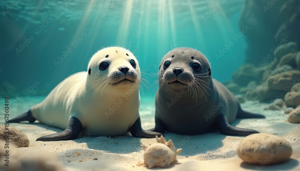 Fototapeta premium Two playful seals, one light, one dark furred, rest on sandy ocean floor bathed in soft underwater sunlight. Gentle rays filter through clear turquoise water, illuminating marine life, rocky reef