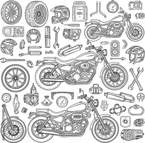 Extensive collection of hand-drawn motorcycles, parts, accessories, and tools, including choppers, helmets, engines, wheels, and wrenches, all in chalk