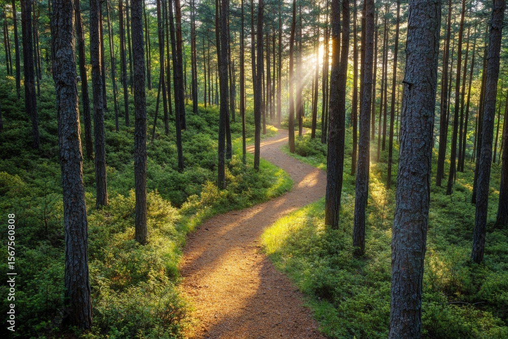 Fototapeta premium A tranquil forest path winds through towering trees, with warm sunlight creating a calming atmosphere. Lush greenery lines the trail, inviting exploration in a peaceful setting