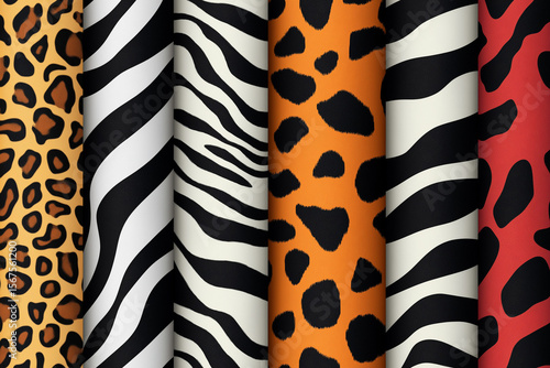 Collection of natural seamless patterns with coat, skin of fur textures of wild exotic animals - zebra, snake, tiger, leopard, giraffe. Flat vector illustration for wrapping paper, textile print