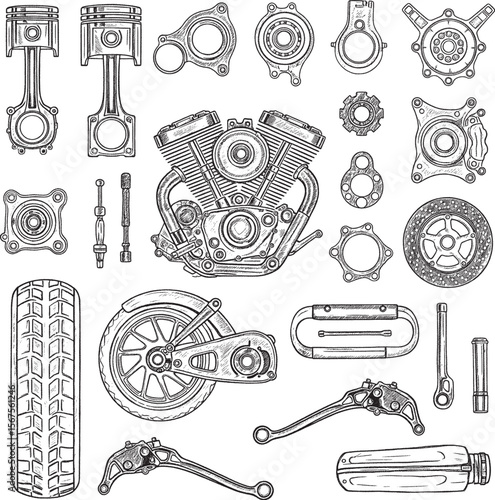 Large collection of hand-drawn motorcycle and automotive engine components and parts