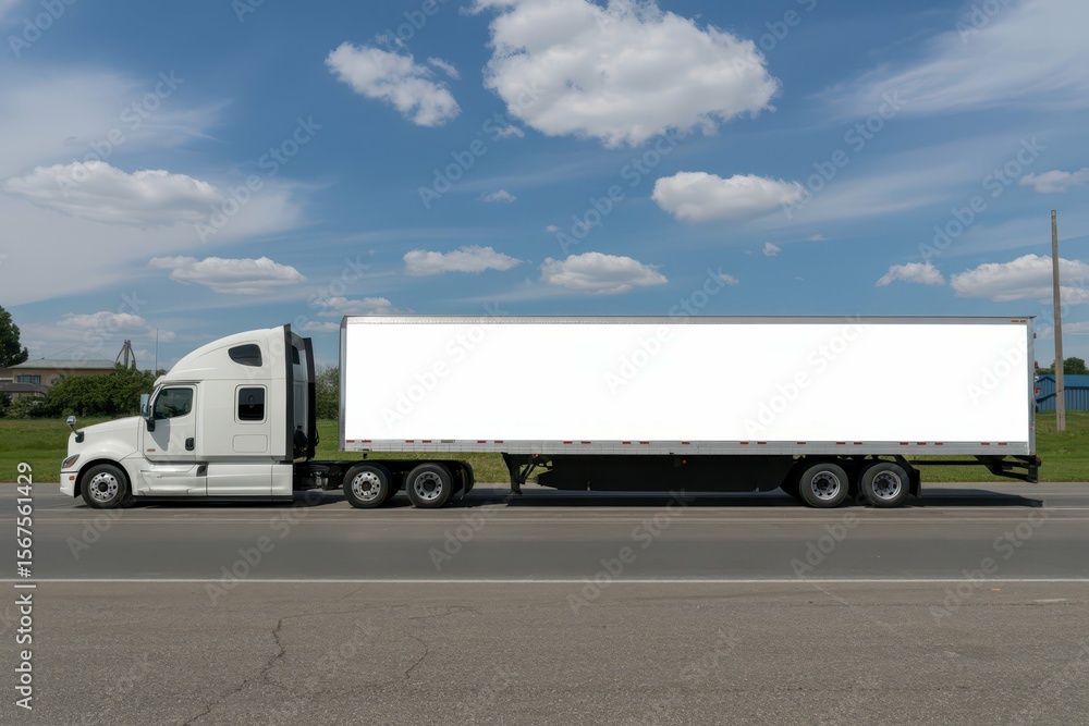 White semitruck with long trailer, with empty blank space for text copy space or mockup design, high detail, 8k White semitruck with long trailer, with empty blank space for text copy space or mockup design, high detail, 8k