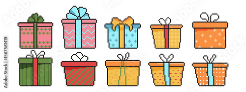 8 bit gift boxes icon set. Pixel art object. Old school vintage game graphics.