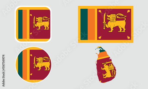 A set of Sri Lanka flag icons. A set of flags in square, rectangular, round and map shapes. Flag icons.