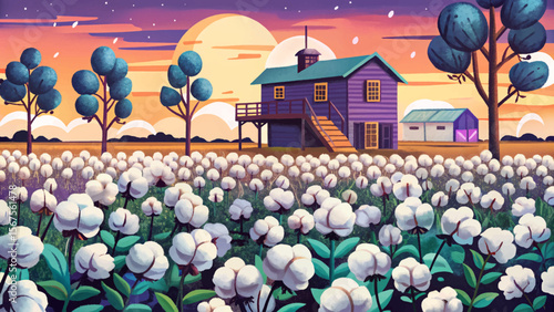 cotton farm with white cotton blooms under a warm sunset cartoon vector perfect for rural agriculture visuals, textile industry themes, and eco-farming concept