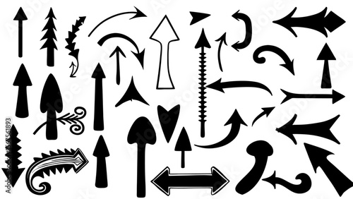 Arrow Mark Icons Vector Set — Isolated on White Background, Hand-Drawn and Geometric Arrows for Web Navigation, UI Design, Diagrams, and Directional Use

