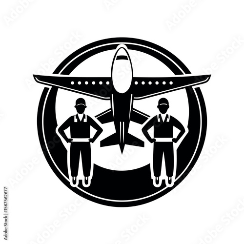 Airplane maintenance team icon, aviation mechanics, black and white silhouette emblem