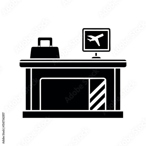 Airport checkin counter with luggage and flight information display terminal
