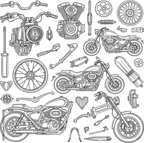 Large collection of hand-drawn motorcycle parts, engines, and tools 