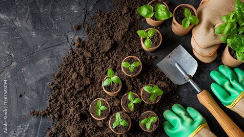 Wallpaper Mural Seedlings in Biodegradable Pots with Gloves and Gardening Tools on Black Background Torontodigital.ca