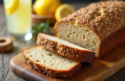 Gluten free multi seed bread loaf with linseed and sesame seeds. Sliced bread displays fluffy crumb, crusty texture. Healthy, organic, wholesome grain loaf perfect for breakfast, lunch or snacks.