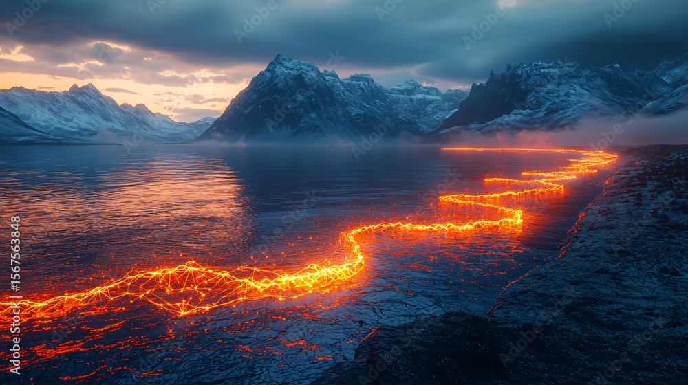 Fototapeta premium Glowing Lava Flow Over Icy Terrain at Twilight in Scenic Landscape