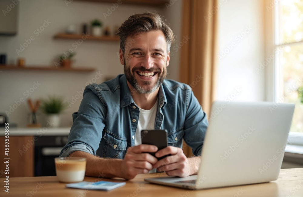 Naklejka premium Smiling mid-adult man uses mobile phone, laptop at home dining table. Holds credit card, suggesting online shopping financial transactions. Casual domestic scene shows happy lifestyle with technology.