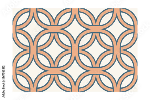 Geometric pattern interlocking orange blue circles on a cream in a rectangular shape