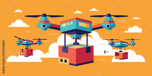 Delivery drones transporting packages across a vibrant sky during daytime