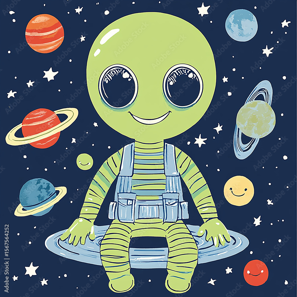Fototapeta premium Alien Cartoon vector illustrations depict an astronaut on the moon with a spaceship and a UFO flying among stars and planets in the night sky