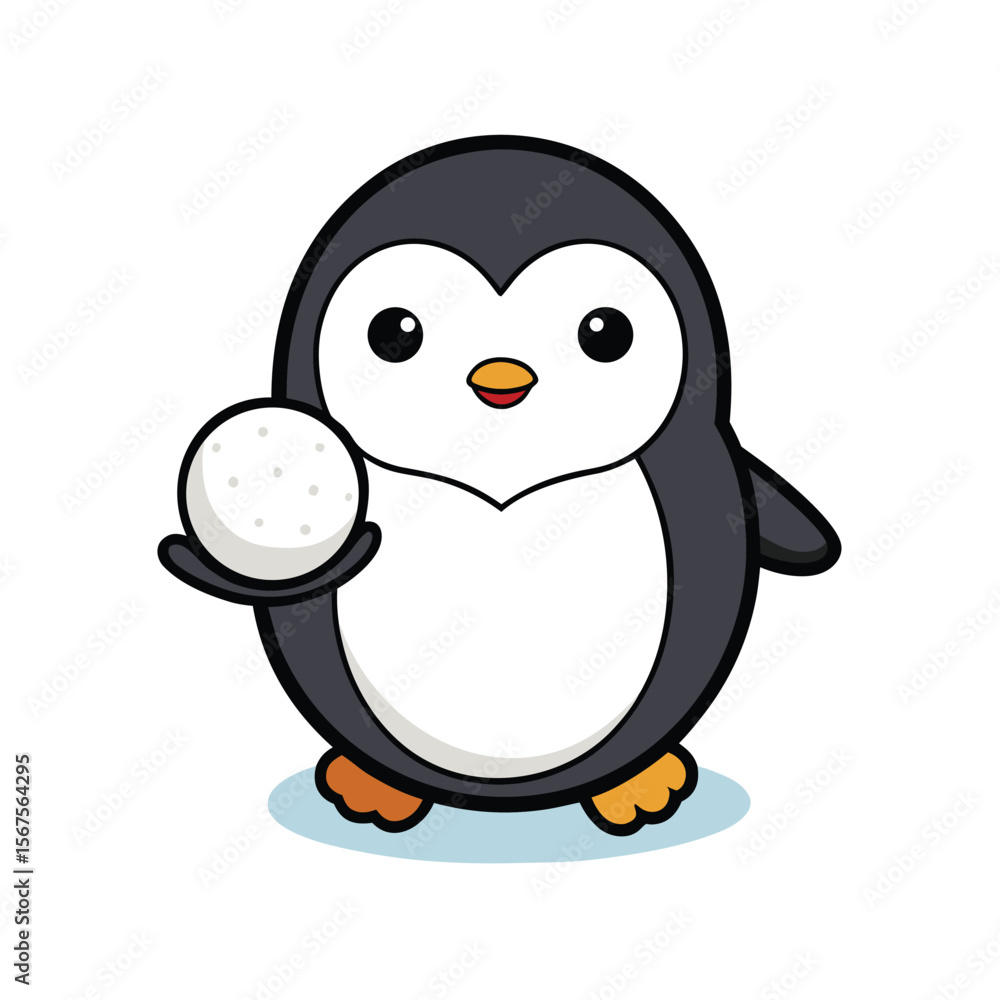 Obraz premium Adorable Penguin Holding a Snowball Outline Style