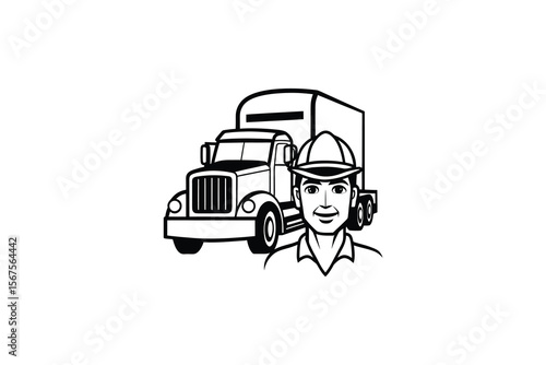 Truck Driver Cartoon Illustration with Semi Truck in Black and White