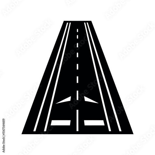 Stylized monochrome representation of an airport runway with center lines and markings