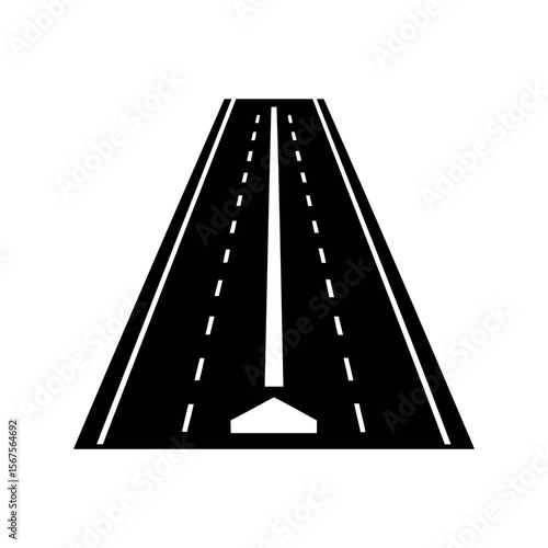 Black and white roadway illustration with dashed lines and dividing lines to horizon