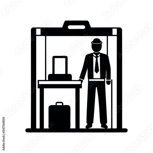 Airport security checkpoint featuring a businessman with luggage, conveyed in black and white