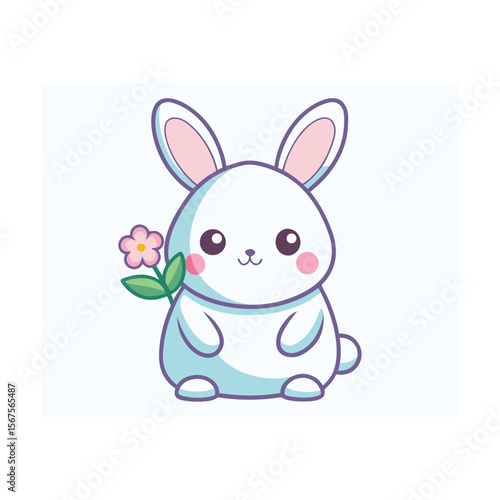 Blushing Bunny Holding a Flower Kawaii Style