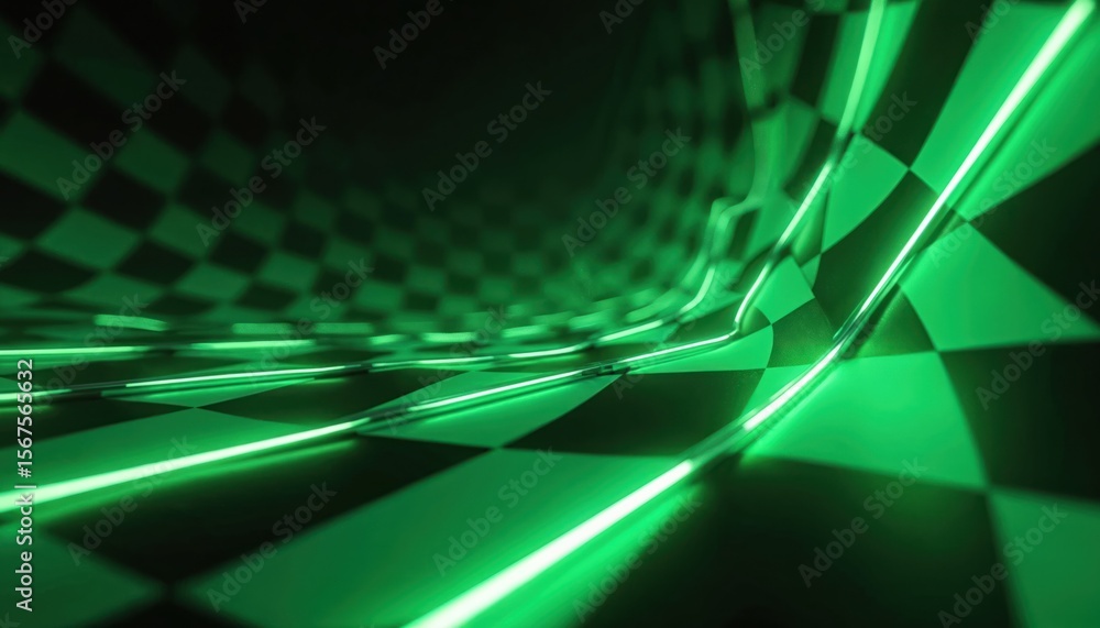 Obraz premium Abstract green checkered pattern with dynamic neon lines creating sense of speed and motion. This vibrant illustration evokes energy and achievement, perfect for racing themes and sports backgrounds.